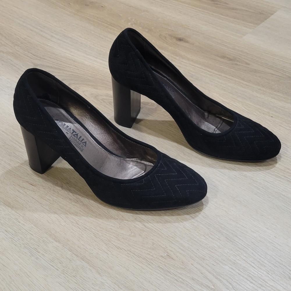 Aquatalia black M stitch suede block heels
